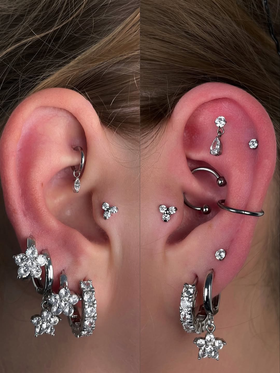 Dwa zdjęcia tej samej osoby pokazujące różnorodne srebrne kolczyki: kółka z kwiatkami, pierścionek z łezką, potrójne kolczyki oraz zakrzywiony pręt w chrząstce.